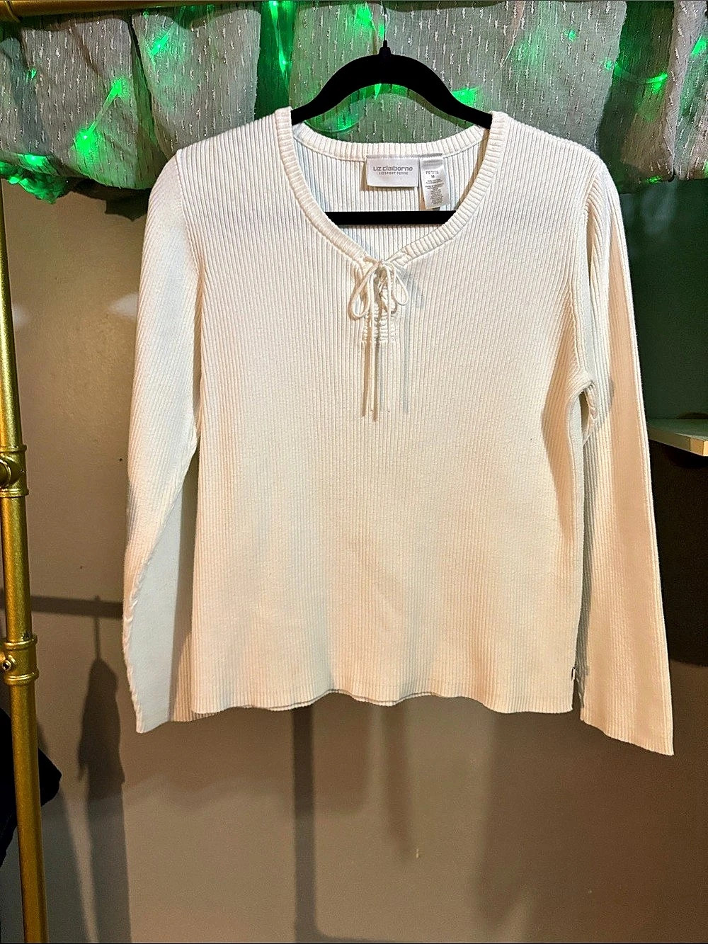 Liz Claiborne Ribbed Tie-Front Tunic in Cream Size Medium